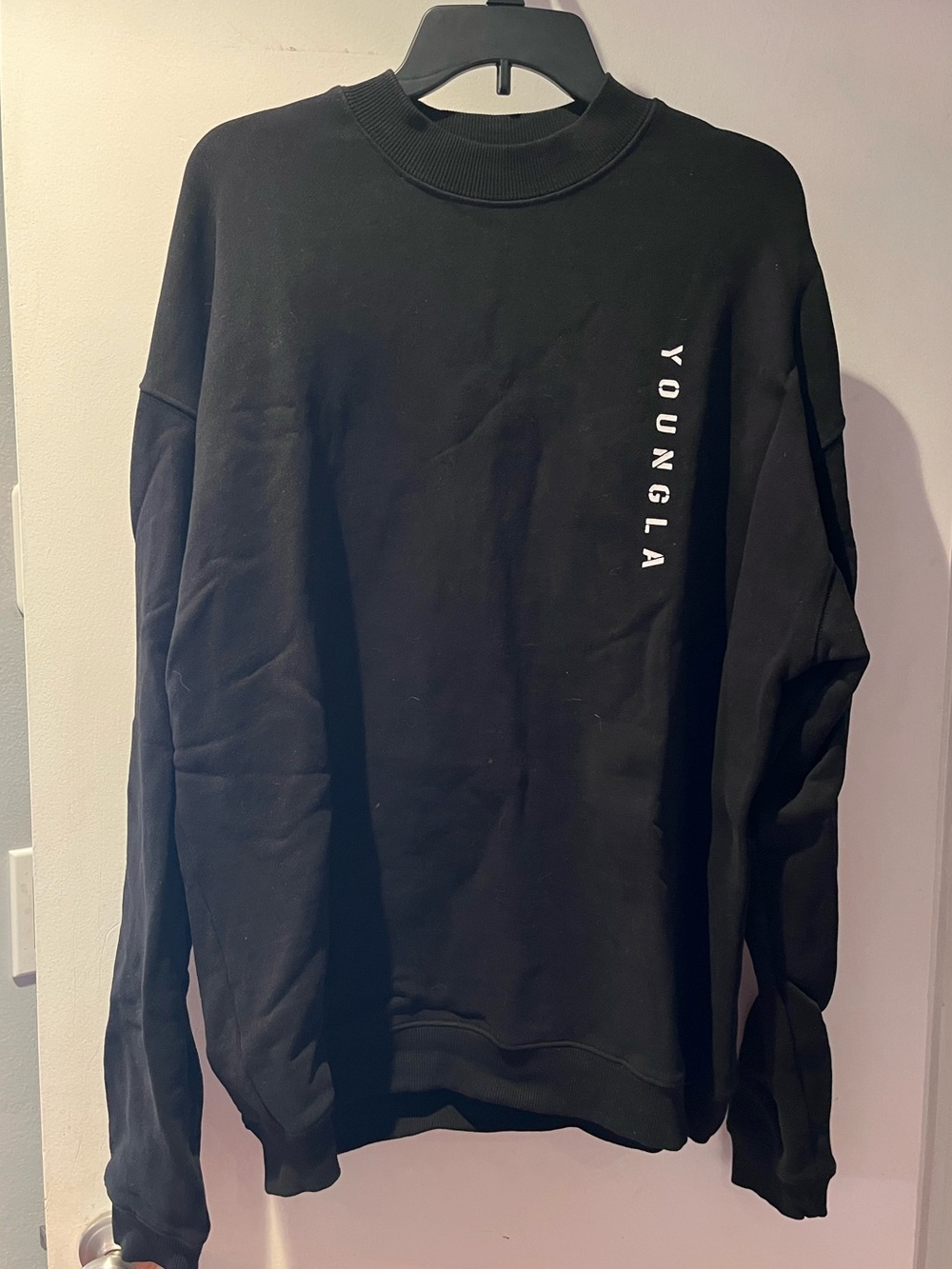 YoungLA Black Crewneck Sweatshirt with Vertical Logo